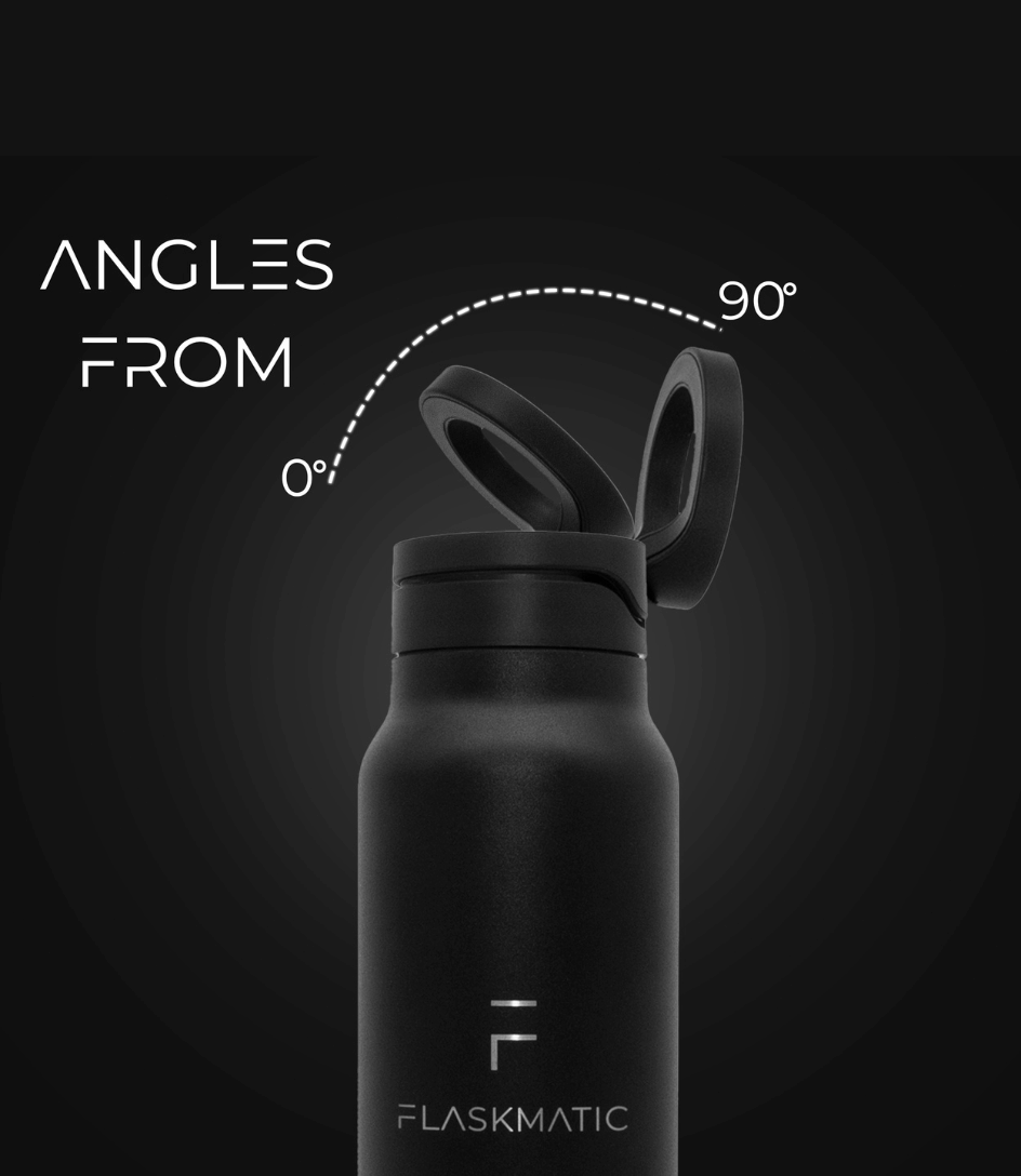 Flaskmatic’s adjustable stand holding a smartphone, showcasing its flexibility to change angles from 0° to 90°. The image highlights the versatility, allowing users to fine-tune the phone’s position for optimal viewing and interaction.