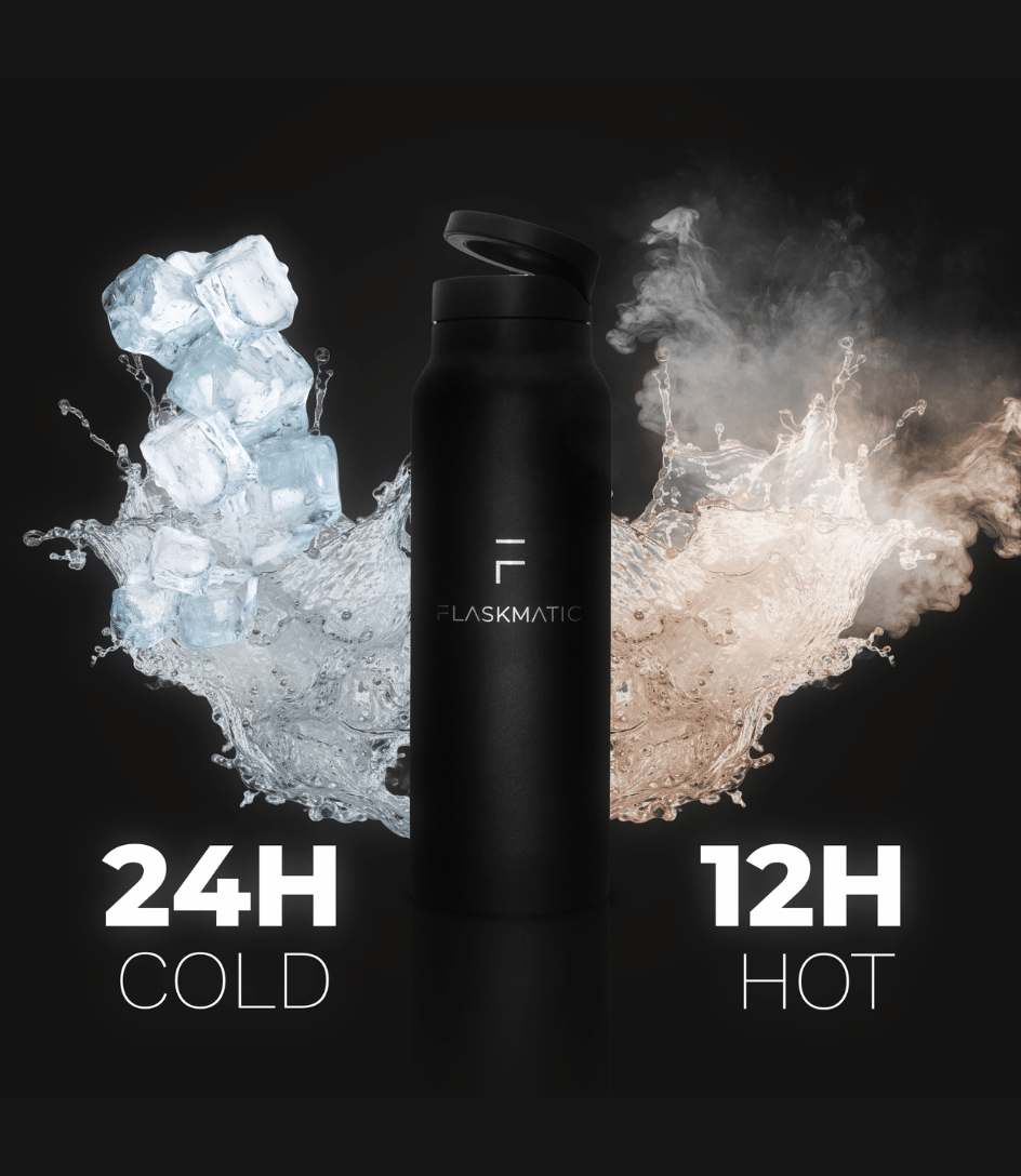 Flaskmatic bottle with a steaming hot drink on one side and icy cold drink on the other, illustrating its ability to keep beverages hot for up to 12 hours and cold for up to 24 hours. Perfect for all-day refreshment, no matter the season.