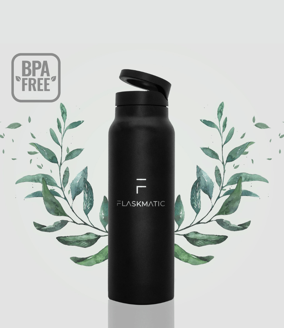 Flaskmatic bottle with a label highlighting its BPA-free construction, emphasizing the use of high-quality, safe materials. The image underscores the bottle’s commitment to keeping beverages free from harmful chemicals for healthier hydration.